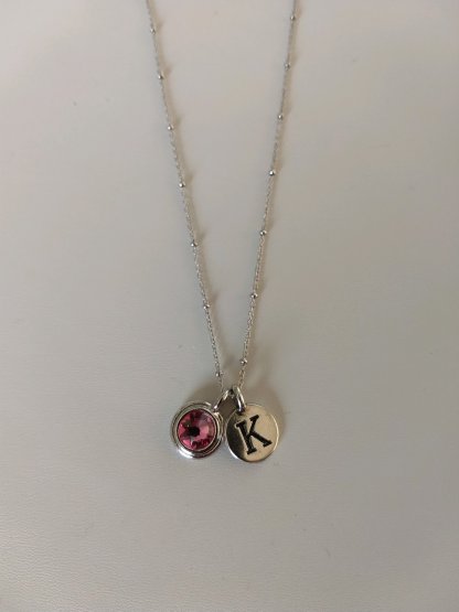 Pewter Initial birthstone necklace on Sterling chain